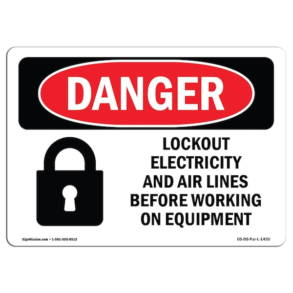Signmission OSHA Danger Sign, 10" Height, Rigid Plastic, Lockout Electricity Air Lines Before Working, Landscape OS-DS-P-1014-L-1430 - main
